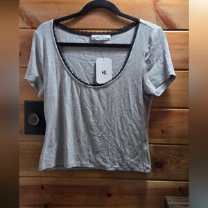 Elodie Grey Scoop Neck Ribbed Crop With Lace Trim 0108 Lg